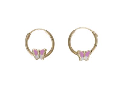 Bo Creoles Tube 1,2mm Diam Int 12mm Motif Papillon Email Rose Et Blanc Or Jaune 18k Tige Sur Charniere - Standard Bild - 1