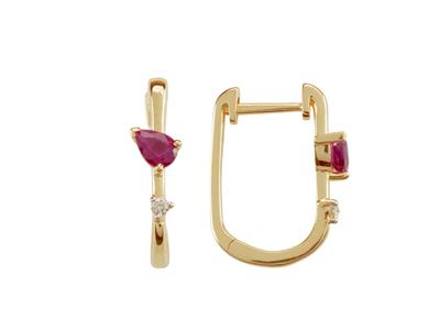 Ovale Creolen, Hohe 15 Mm, Diamant 0,03ct Und Rubin Im Tropfenschliff 0,38ct, 18k Gelbgold
