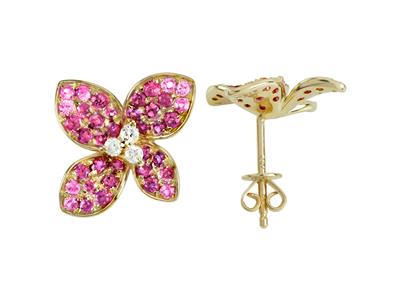 Ohrringe Blume, Hohe 15 Mm, Diamanten 0,13ct Und Rosa Saphire 0,55ct, 18k Gelbgold.