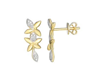 Hängeohrringe Blumen 16 X 6 Mm, Diamanten 0,03 Ct, Gelbgold 18 Kt