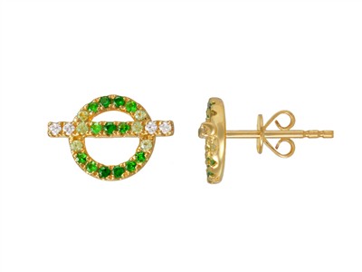 Ohrringe Kreise Und Stege 9 X 13 Mm, Diamanten 0,08 Ct, Grüne Granate 0,26 Ct, Grüne Saphire 0,12 Ct, Gel