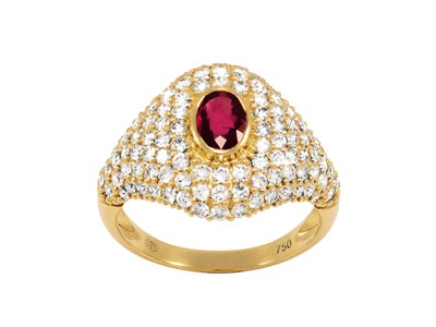 Ring Hypnose 16 Mm, Diamanten 1,45 Ct Und Ovaler Rubin 0,52 Ct, Gelbgold 18 Kt, Fingergröe 56