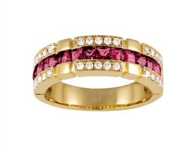 Ring 3 Reihen 7 Mm, Diamanten 0,30 Ct Und Prinzess-rubine 1,28 Ct, Gelbgold 18 Kt, Fingergröe 56