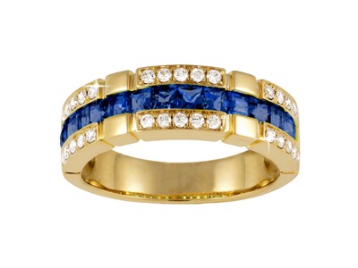 Ring 3 Reihen 7 Mm, Diamanten 0,30 Ct Und Prinzess-saphire 1,28 Ct, Gelbgold 18 Kt, Fingergröe 54