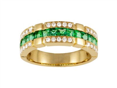 Ring 3 Reihen 7 Mm, Diamanten 0,30 Ct Und Prinzess-smaragde 1,00 Ct, Gelbgold 18 Kt, Fingergröe 56