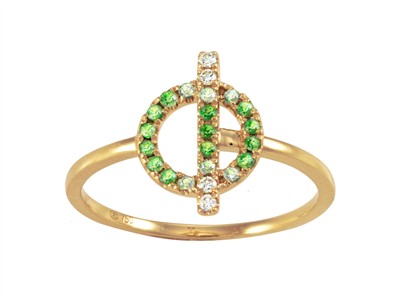 Ring Kreis Und Steg 9 X 13 Mm, Diamanten 0,04 Ct, Grüner Granat 0,15 Ct Und Grüne Saphire 0,07 Ct, Gelbgo