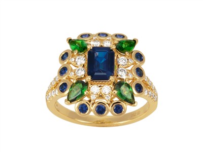 Ring Rio 16 X 18 Mm, Diamanten 0,49ct, Blaue Saphire 1,75 Ct Und Grün E Granate 0,80 Ct, Gelbgold 18 Kt,