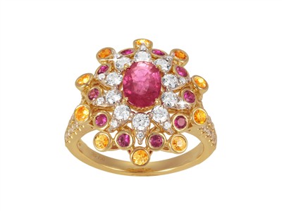 Ring Jaipur 18 X 20 Mm, Diamanten 0,78 Ct, Gelbe Saphire 0,35 Ct Und Rosa Rubine 1,27 Ct, Gelbgold 18 Kt, - Standard Bild - 1