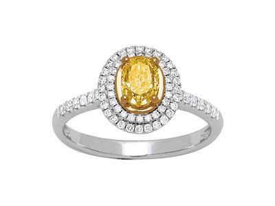 Solitärring, Ovaler Gelber Diamant 0,77ct, Diamanten 0,28ct, 18k Weigold, Finger 52