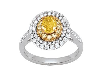 Solitärring, Ovaler Gelber Diamant 0,63ct Und Runde Diamanten 0,20ct, Weie Diamanten 0,57ct, 18k Weissgold, Finger 56