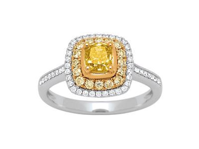 Solitärring, Gelbe Princess-diamanten 0,71ct Und Runde Diamanten 0,22ct, Diamanten 0,16ct, 18k Weißgold, Finger 54 - Standard Bild - 1