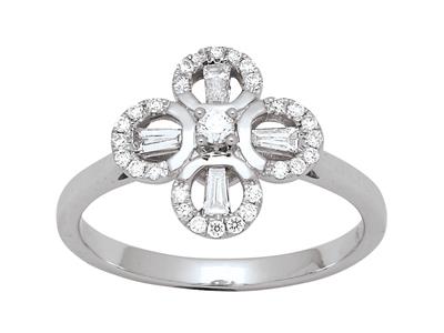 Ring In Blumenform, Runde Diamanten Und Baguette-diamanten 0,36ct, 18k Weißgold, Finger 54 - Standard Bild - 1