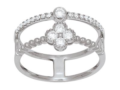 Zweireihiger Ring Fleur Und Solitaire, Diamanten 0,32ct, 18k Weigold, Finger 52