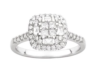 Quadratischer Ring Mit Korper In Zargenfassung, Runde Und Baguette-diamanten 0,58ct, 18k Weigold, Finger 49