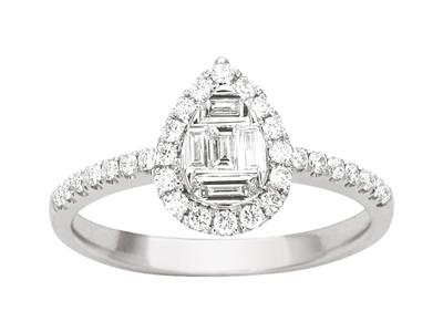 Ring In Birnenform, Runde Diamanten Und Baguette-diamanten 0,45ct, 18k Weigold, Finger 52