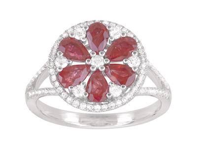 Blumenring, Diamanten 0,39ct Und Rubin 1,40ct, 18k Weigold, Ringgröe50