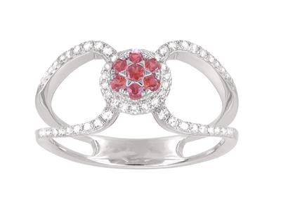 Ring Mit Doppeltem Körper, Diamanten 0,22ct, Rubin 0,17ct Im Zentrum, Weissgold18k, Ringgröe 56