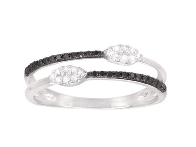 Zweireihiger Ring, 2 Scheiben Aus Weißen Diamanten 0,07ct Und Schwarzen Diamanten 0,12 Ct, 18k Weißgold, - Standard Bild - 1