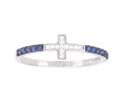 Kreuzring, Diamanten 0,03ct Und Saphire 0,24ct, 18k Weigold, Ringgröe 54