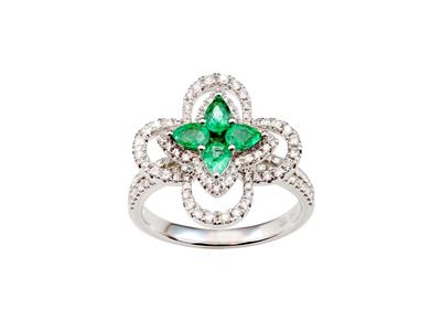 Ring Blume Durchbrochene Blütenblätter, Diamanten 0,60ct Und Smaragde 0,65ct, Weigold 18k, Ringgröe 52 52