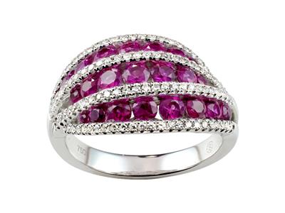 Dreireihiger Ring, Diamanten 0,34ctrubine 1,89ct, 18k Weigold, Ringg Röe 56