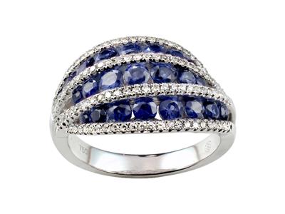 Dreireihiger Ring, Diamanten 0,34 Ct Saphire 1,89 Ct, 18k Weigold, Ringgröe 58