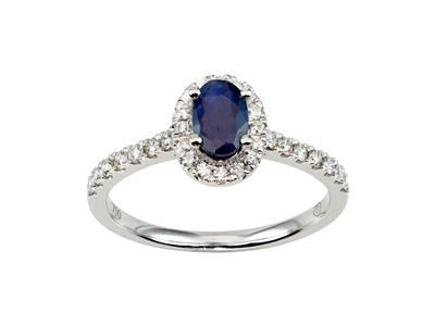 Solitärring, Ovaler Blauer Saphir 0,57ct Mit Diamanten 0,28ct, 18k Weigold, Ringgröe 54