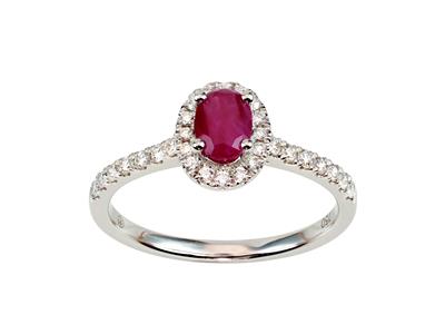 Solitärring, Ovaler Rubin 0,52ct, Diamantenumrandung 0,28ct, Weissgold18k, Ringgröe 52