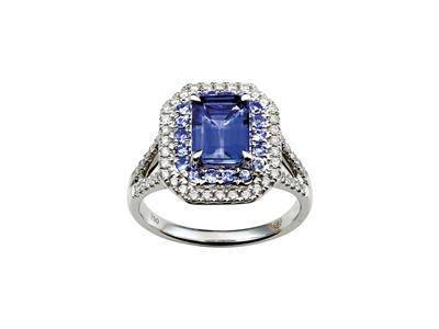 Ring Gabelkorper Mit Diamantbesatz 0,35ct Und Blauem Tansanit Im Smaragdschliff 1,90ct, 18k Graugold, Fingergroe 52.