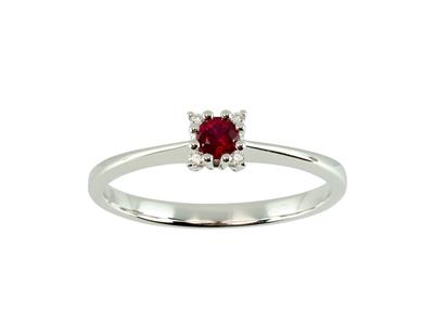 Solitärring, Runder Rubin 0,14ct, Umgebung Diamanten 0,02ct, Weissgold18k, Ringgröe 50