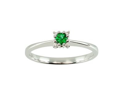 Solitärring, Smaragd 0,14ct Im Entourage Von Diamanten 0,02ct, 18k Weigold, Ringgröe 52