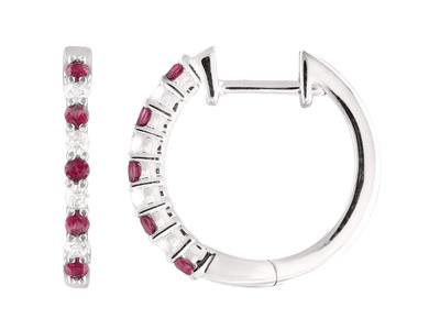 Bo Creoles Diamants 0,11ct Et Rubis 0,18ct Or Gris 18k