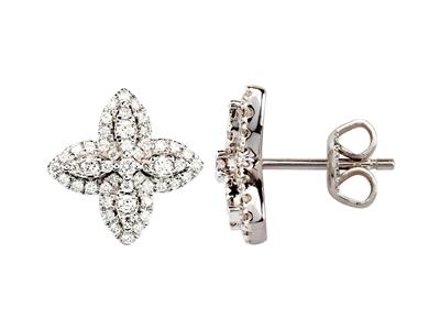 Ohrringe Mit Blumenmotiv, 4 Blütenblatter, Hohe 12 Mm, Diamanten 0,35ct, 18k Graugold