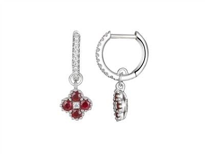 Creolen 9 Mm, Blütenanhänger 7 Mm, Rubine 0,66 Ct Und Diamanten 0,13 Ct, Höhe 22 Mm, Graugold 18 Kt