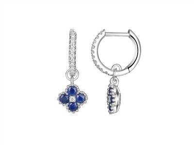 Creolen 9 Mm, Blütenanhänger 7 Mm, Saphire 0,83 Ct Und Diamanten 0,13 Ct, Höhe 22 Mm, Graugold 18 Kt