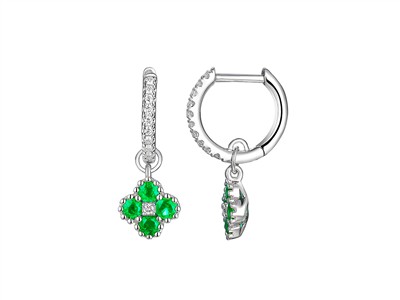 Creolen 9 Mm, Blütenanhänger 7 Mm, Smaragde 0,50 Ct Und Diamanten 0,13ct, Höhe 22 Mm, Graugold 18 Kt