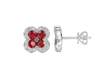 Ohrringe Blume 10 Mm, Rubine 1,15 Ct Und Diamanten 0,22 Ct, Graugold 18 Kt - Standard Bild - 1