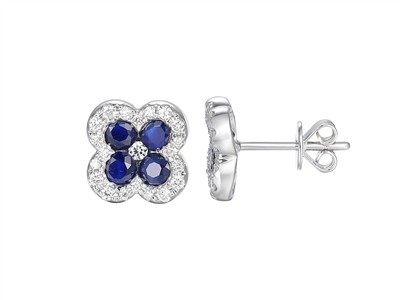 Ohrringe Blume 10 Mm, Saphire 1,25 Ct Und Diamanten 0,22 Ct, Graugold 18 Kt - Standard Bild - 1