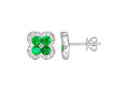 Ohrringe Blume 10 Mm, Smaragde 0,73ct Und Diamanten 0,22 Ct, Graugold 18 Kt - Standard Bild - 1