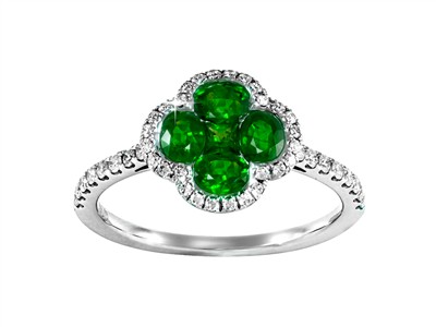 Ring Blume 4 Blütenblätter 11 Mm, Diamanten 0,26 Ct Und Smaragde 0,79 Ct, Graugold 18 Kt, Fingergröe 56
