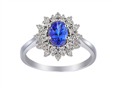 Ring Riviera 12 X 14 Mm, Ovaler Tansanit 0,96 Ct Und Diamanten 0,09 Ct, Graugold 18 Kt, Fingergröe 54