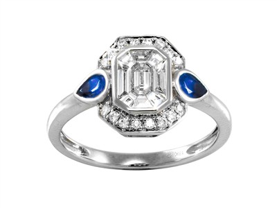Ring Cocktail 9 X 11 Mm, Runde Diamanten Und Baguettes 0,42 Ct, Saphire Tropfenschliff 0,35 Ct, Graugold - Standard Bild - 1