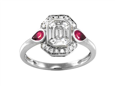 Ring Cocktail 9 X 11 Mm, Runde Diamanten Und Baguettes 0,44 Ct, Rubinetropfenschliff 0,36 Ct, Graugold 1 - Standard Bild - 1
