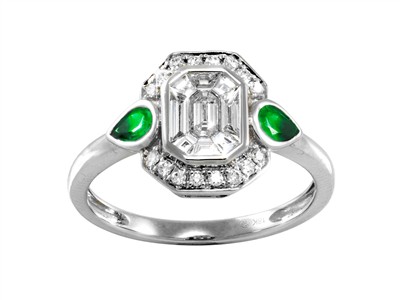 Ring Cocktail 9 X 11 Mm, Runde Diamanten Und Baguettes 0,44 Ct, Smaragde Tropfenschliff 0,36 Ct, Graugold - Standard Bild - 1