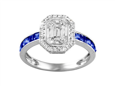 Ring Harmonie 9 X 11 Mm, Runde Diamanten Und Baguettes 0,50 Ct, Saphire Prinzessschliff 0,83 Ct, Graugold - Standard Bild - 1