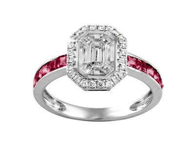 Ring Harmonie 9 X 11 Mm, Runde Diamanten Und Baguettes 0,49 Ct, Rubineprinzessschliff 0,82 Ct, Graugold - Standard Bild - 1