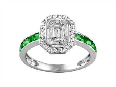 Ring Harmonie 9 X 11 Mm, Runde Diamanten Und Baguettes 0,47 Ct, Smaragd Prinzessschliff 0,53 Ct, Graugold - Standard Bild - 1