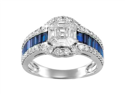 Ring Empire 11 Mm, Runde Diamanten Und Baguettes 0,97 Ct, Saphire Baguetteschliff 1,23 Ct, Graugold 18 Kt - Standard Bild - 1