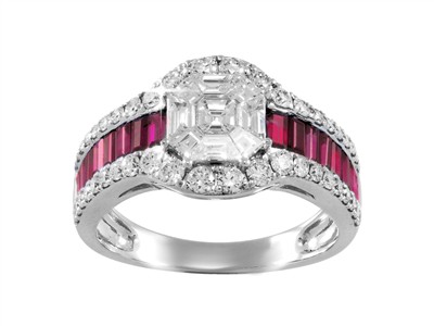 Ring Empire 11 Mm, Runde Diamanten Und Baguettes 0,97 Ct, Rubine Baguetteschliff 1,04 Ct, Graugold 18 Kt, - Standard Bild - 1