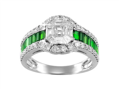 Ring Empire 11 Mm, Runde Diamanten Und Baguettes 0,97 Ct, Smaragd Baguetteschliff 0,74 Ct, Graugold 18 Kt - Standard Bild - 1